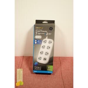 GE 7-Outlet Surge Protector with USB 1470J 2 USB-A 4' Braided Cord White